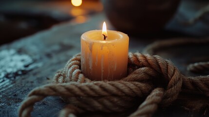 Poster - Candle Surrounded by Twisted Rope on Rustic Wooden Table Illuminated by Soft Warm Light