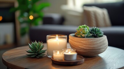 Poster - Home interior with candles and succulent plants beautifully arranged on a coffee table creating a cozy and inviting atmosphere.