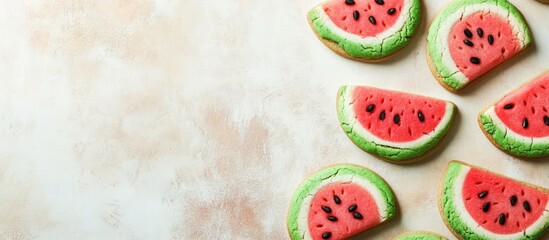 Aufkleber - Vibrant Vegan Watermelon Cookies Arrangement on Rustic Table with Space for Text Display