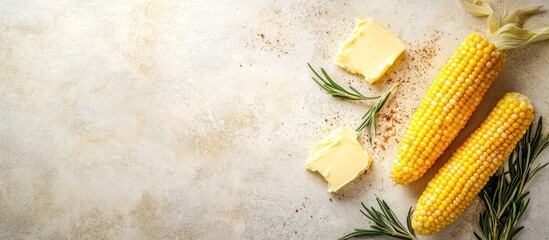 Poster - Fresh corn on the cob with butter and rosemary arranged on a rustic background with space for text or product information