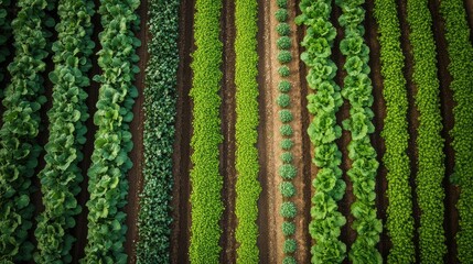 Aufkleber - Aerial view of vibrant green vegetable crops in organized, straight rows showcasing agricultural diversity and healthy farming practices.