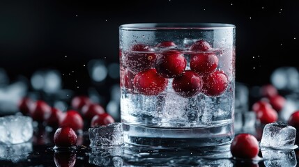Poster - Fresh cranberries and vodka cocktail with ice cubes on a dark background showcasing water drops and vibrant colors.