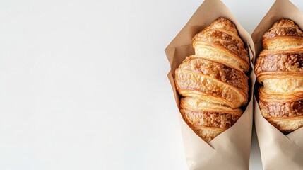 Poster - Freshly baked croissants in a rustic craft paper bag on a clean white background perfect for bakery and food promotion imagery