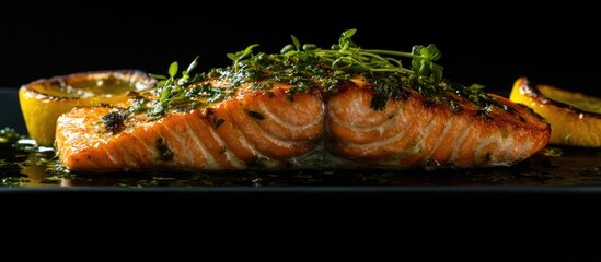 Poster - Gourmet grilled salmon fillet with fresh herbs and roasted lemon on a dark background ideal for culinary design and advertising needs