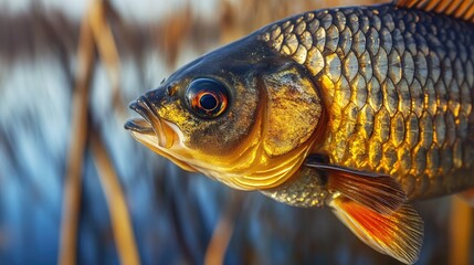 Poster - Crucian carp close-up in serene spring landscape with blurred natural background showcasing vibrant colors and detailed textures