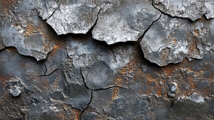 Poster - Detailed Metallic Texture of Cracked and Weathered Silver Surface with Rust Accents for Background and Design Elements