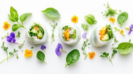 Poster - Fresh vegetable spring rolls garnished with herbs and edible flowers on a white background showcasing vibrant colors and textures.