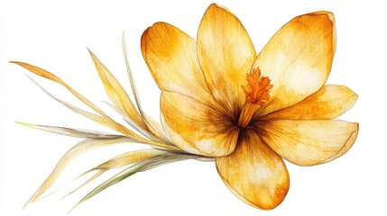Poster - Yellow crocus flower illustration on white background showcasing intricate details and natural beauty of spring flora.