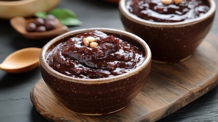 Aufkleber - Traditional Chinese red bean paste served in rustic bowls with decorative peanuts on top, perfect for culinary presentations.