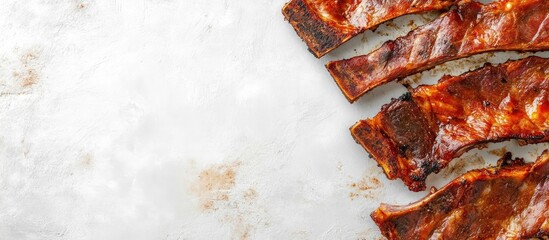 Poster - Grilled meat slices on marble surface with empty space for text perfect for food advertising or recipe promotion