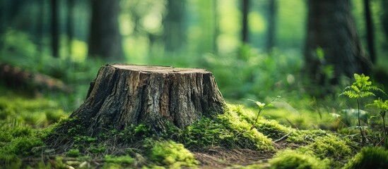 Poster - Textured weathered tree stump in serene forest setting surrounded by lush greenery and moss with space for text or captions.