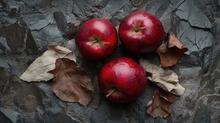 Leinwandbilder - Fresh red apples with dry leaves on a dark textured stone surface showcasing natural colors and textures for a rustic aesthetic.