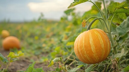Aufkleber - Vibrant Autumn Pumpkins Growing in Field Under Soft Natural Light