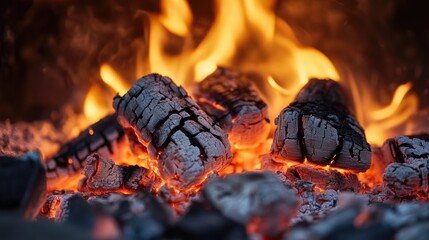 Poster - Close up of vibrant flames and glowing embers creating a warm atmosphere in a cozy fireplace setting
