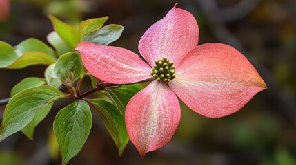 Poster - Flowering dogwood blossom on a branch with vibrant pink petals and green leaves in soft natural light. Perfect for botanical themes.