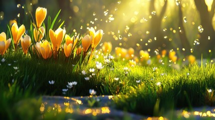 Aufkleber - Blooming yellow tulips and delicate flowers among lush green grass illuminated by warm sunlight in a serene spring landscape.