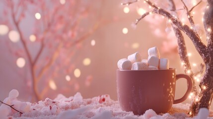 Poster - Cozy cup of cocoa topped with marshmallows beside a glowing tree in a warm, dreamy winter setting
