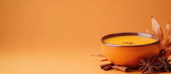 Aufkleber - Delicious pumpkin soup served in a bowl surrounded by spices on a vibrant orange background ideal for food marketing and seasonal recipes