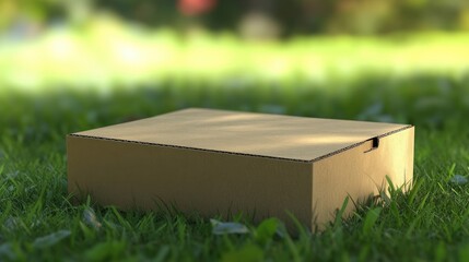 Poster - Cardboard Box on Green Grass with 3D Virtual Mockup Animation Background for Packaging and Design Concepts