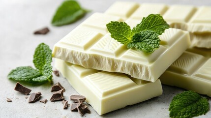 Aufkleber - White chocolate bars elegantly garnished with fresh mint leaves and dark chocolate shavings on a textured surface.