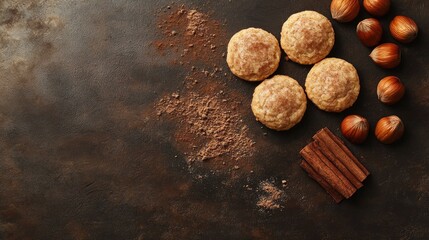 Poster - Snickerdoodle Cookies with Hazelnuts and Cinnamon Sticks on Rustic Brown Surface