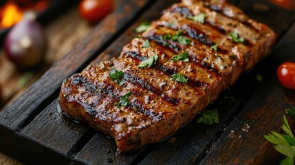 Poster - Grilled Pork Steak Garnished with Fresh Herbs on a Rustic Wooden Platter