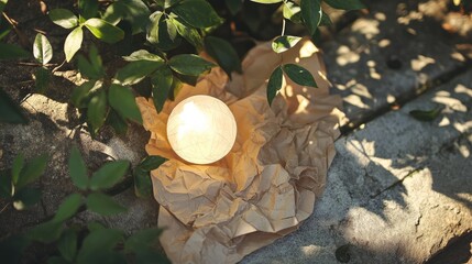 Poster - Crumpled Brown Paper with Soft Glow Under Sunlight Surrounded by Greenery