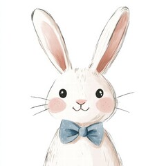 Poster - Cute illustrated rabbit wearing a blue bow tie with a cheerful expression in a simple style. Generative AI