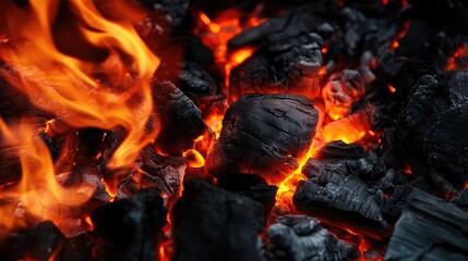 Fototapete - Closeup of Intense Flames and Glowing Embers on Dark Charcoal Surface with Textured Background Capturing Heat and Vitality of Fire