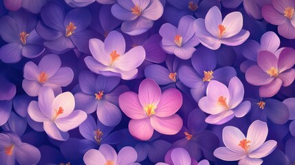 Poster - Crocus flowers blooming in shades of purple and pink creating a serene and vibrant floral background design