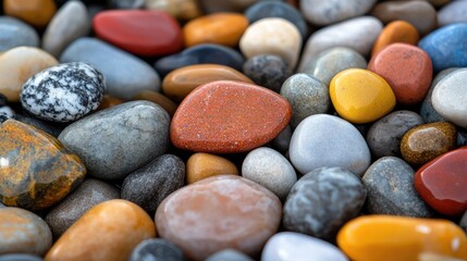 Poster - Colorful smooth stones arranged in a scattered pattern with a focus on a central stone displaying a vibrant texture and varied colors.