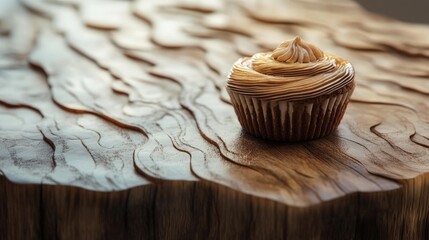 Poster - Cupcake with swirled frosting on rustic wooden table showcasing natural textures and warm colors