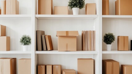 Poster - Cardboard boxes organized neatly on a large white shelf with decorative plants for a clean and minimalistic storage concept
