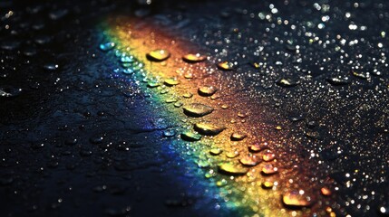 Poster - Close up of raindrops on a black surface reflecting sunlight and creating a vibrant rainbow effect with light refraction and shadow details.