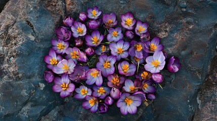 Poster - Vibrant cluster of Crocus dalmaticus flowers on rocky surface showcasing rich purple and orange hues in a natural setting