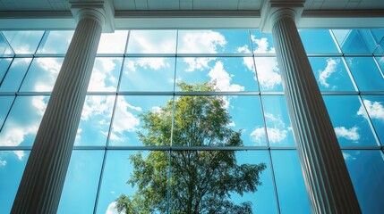 Leinwandbilder - Modern office interior with glass wall showcasing classical pillars and a landscaped view under a bright sky for a professional environment.