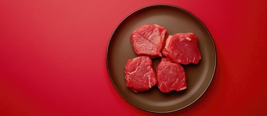 Aufkleber - Fresh raw veal cuts neatly arranged on a dark plate against a vibrant red background ready for culinary presentation or advertisement