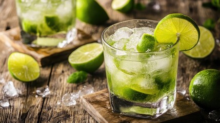 Aufkleber - Refreshing caipirinha cocktail with lime served on wooden coasters with ice and fresh limes on rustic table background