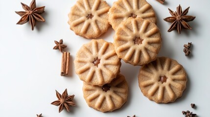 Poster - Spiced apple filling cookies arranged with star anise and cinnamon on a clean white background for a cozy autumn vibe