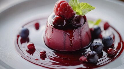 Poster - Elegant dessert featuring a rich berry jelly topped with fresh raspberries and blueberries on a sophisticated plate presentation