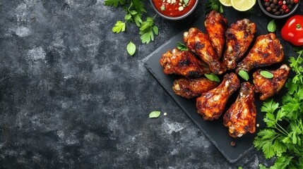 Aufkleber - Spicy grilled chicken wings on a black stone platter with fresh herbs and sauces garnished with peppers and lemon slices.