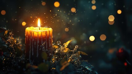 Poster - Warm glowing candles illuminated in darkness surrounded by soft bokeh and sparkling droplets creating a serene and magical atmosphere