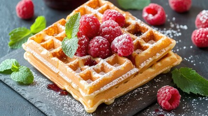 Poster - Delicious waffles topped with fresh raspberries and mint leaves served on a slate platter showcasing a tempting breakfast treat.