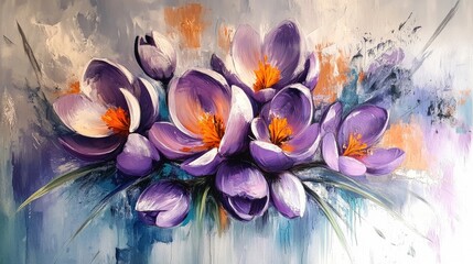 Poster - Vibrant Crocus Flowers in Purple and Orange Abstract Oil Painting Decor