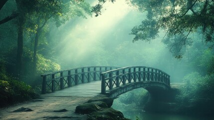 Poster - Misty forest bridge inviting exploration into serene nature scenery