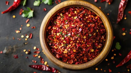 Poster - Crushed red chili peppers in a wooden bowl with herbs for Asian cuisine spicy flavor and vibrant color enhancement in dishes
