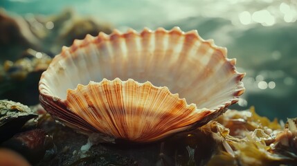 Poster - Clamshell close up showcasing intricate textures and natural beauty against a serene marine background