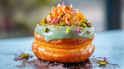 Poster - Delicious Cronut Featuring Creamy Pistachio Ganache Topped With Edible Flowers and Nuts on a Vibrant Blue Background