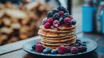 Poster - Stack of fluffy pancakes drizzled with syrup and topped with fresh raspberries blueberries and blackberries on a rustic wooden table