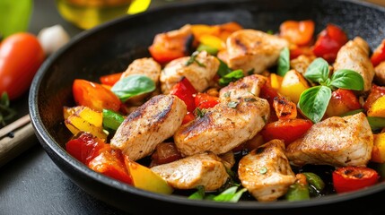 Poster - Healthy chicken skillet with colorful vegetables cooked in olive oil and fresh basil on a rustic background.